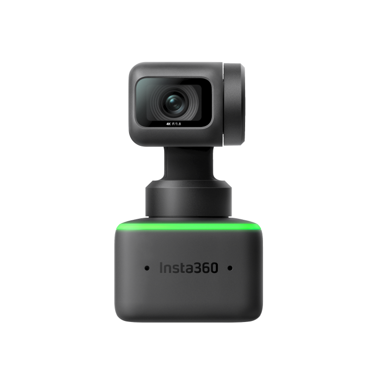Product shot of Insta360 Link Webcam facing you featuring the 4k lens, gimble, green color ring indicator, and Insta360 logo on the front.
