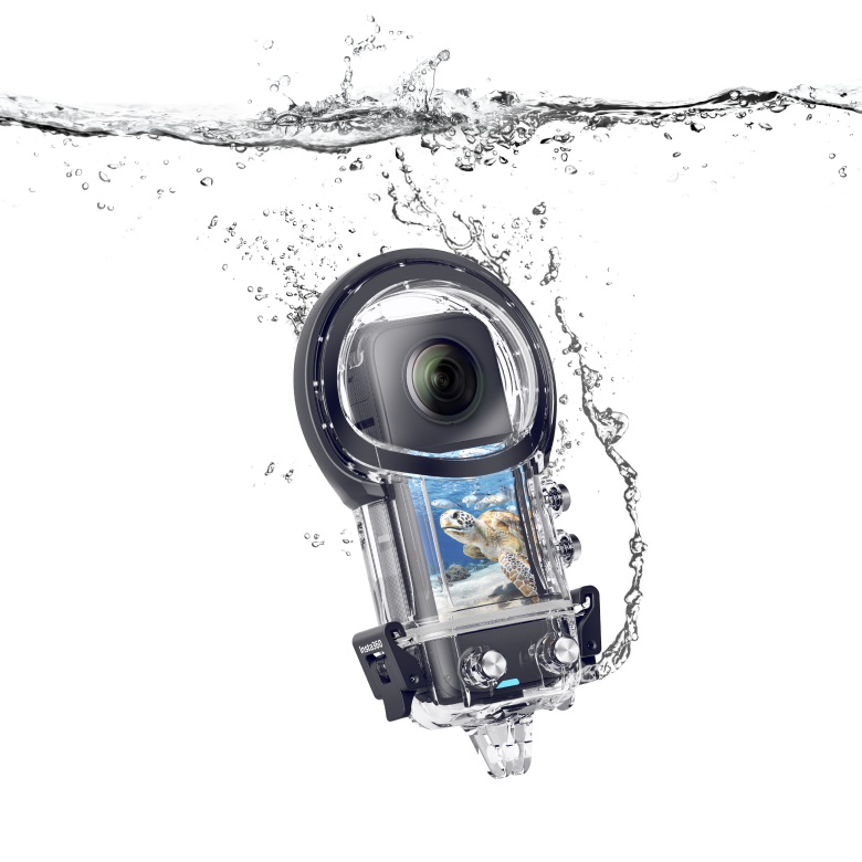 Insta360 X3 in the X3 Dive Case with water around it as if submerged. Used to take X3 underwater to depths of 164ft.